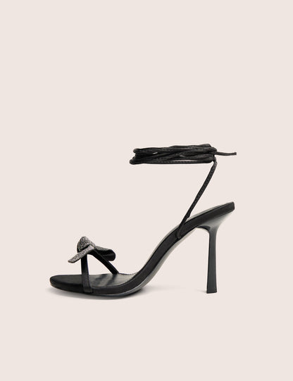 Rose Black Embellished Bow Tie Wrap Around Heels