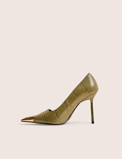 Rotate Green Croc Gold Toe Detail Court High Heels