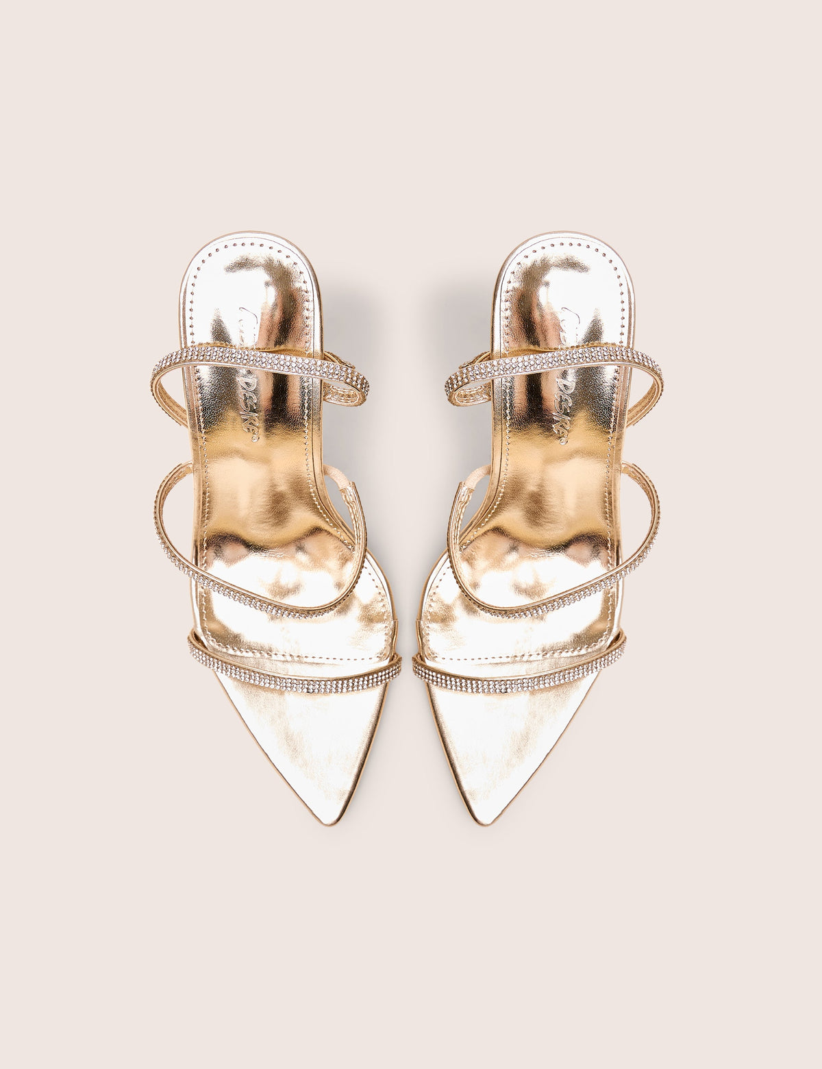 Seductive Gold Mirror Pu Diamante Strap Pointed Toe Stiletto High Heels