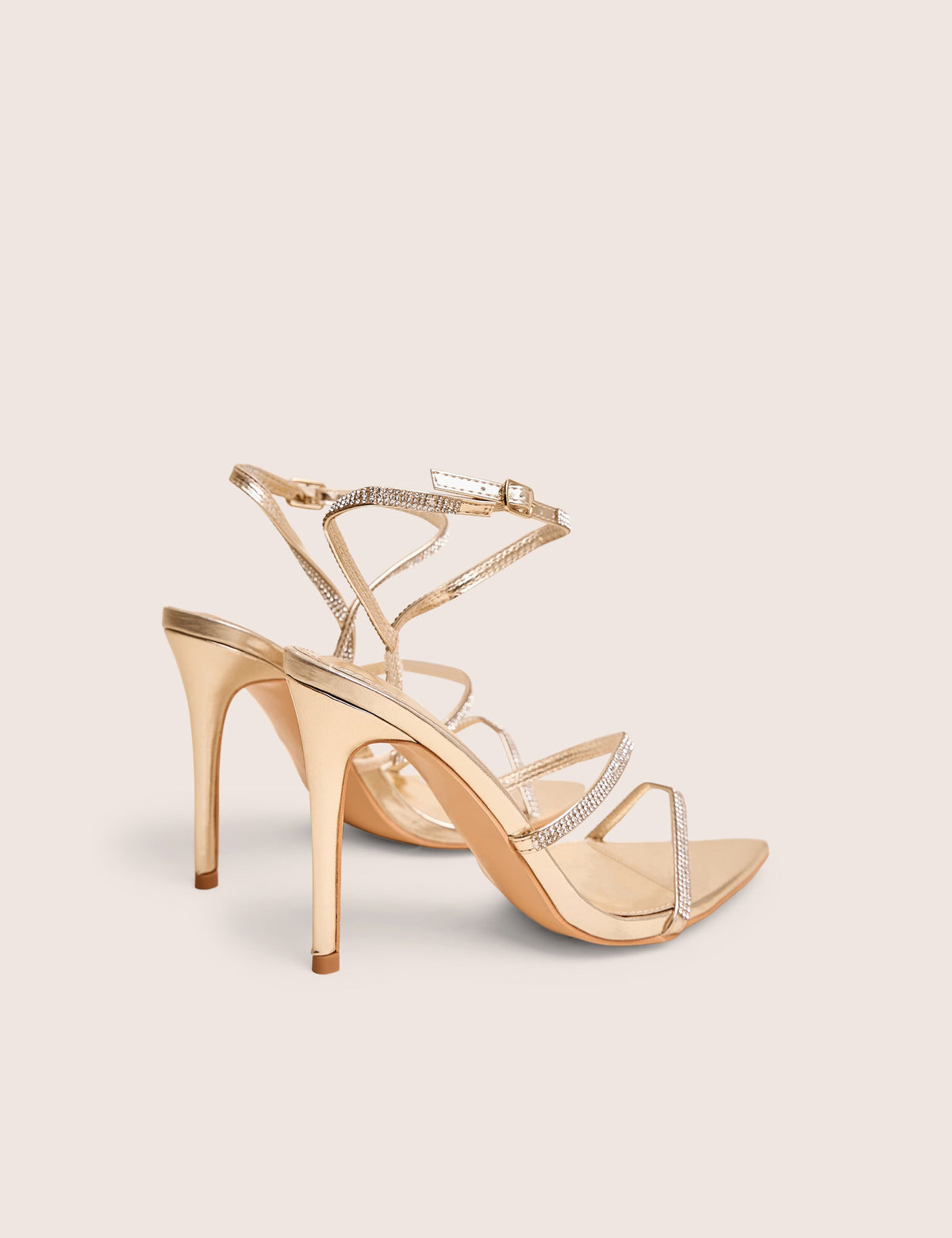 Seductive Gold Mirror Pu Diamante Strap Pointed Toe Stiletto High Heels