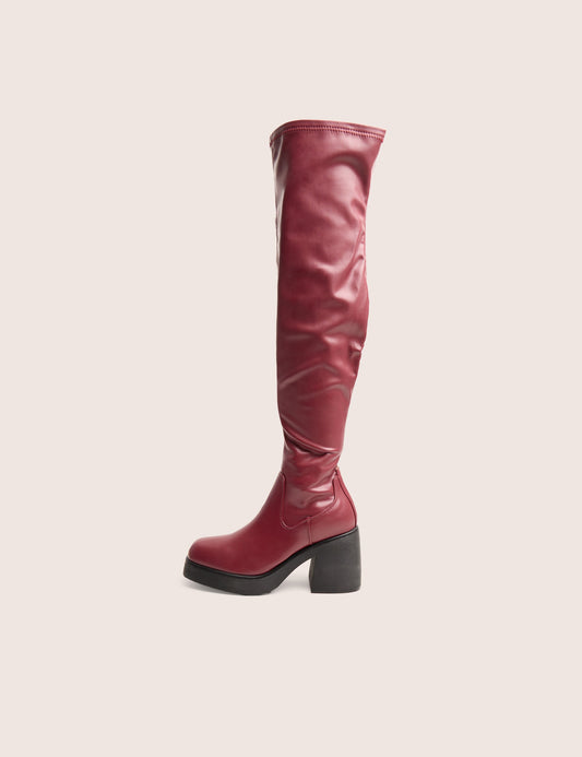 Sensored Burgundy Chunky Sole Sock Over the Knee Boots