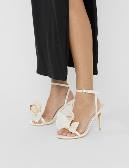 Smitten Ivory Satin Lily Flower Barely There High Heels