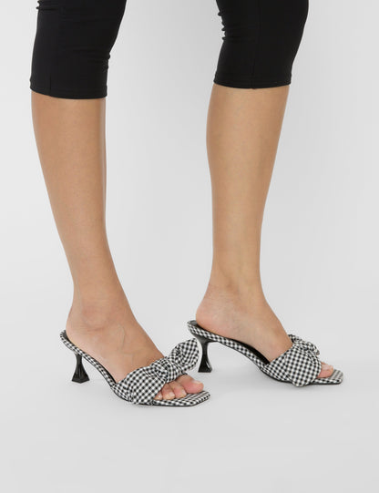 Soleil Black Gingham Bow Mule Square Toe Mid Heels
