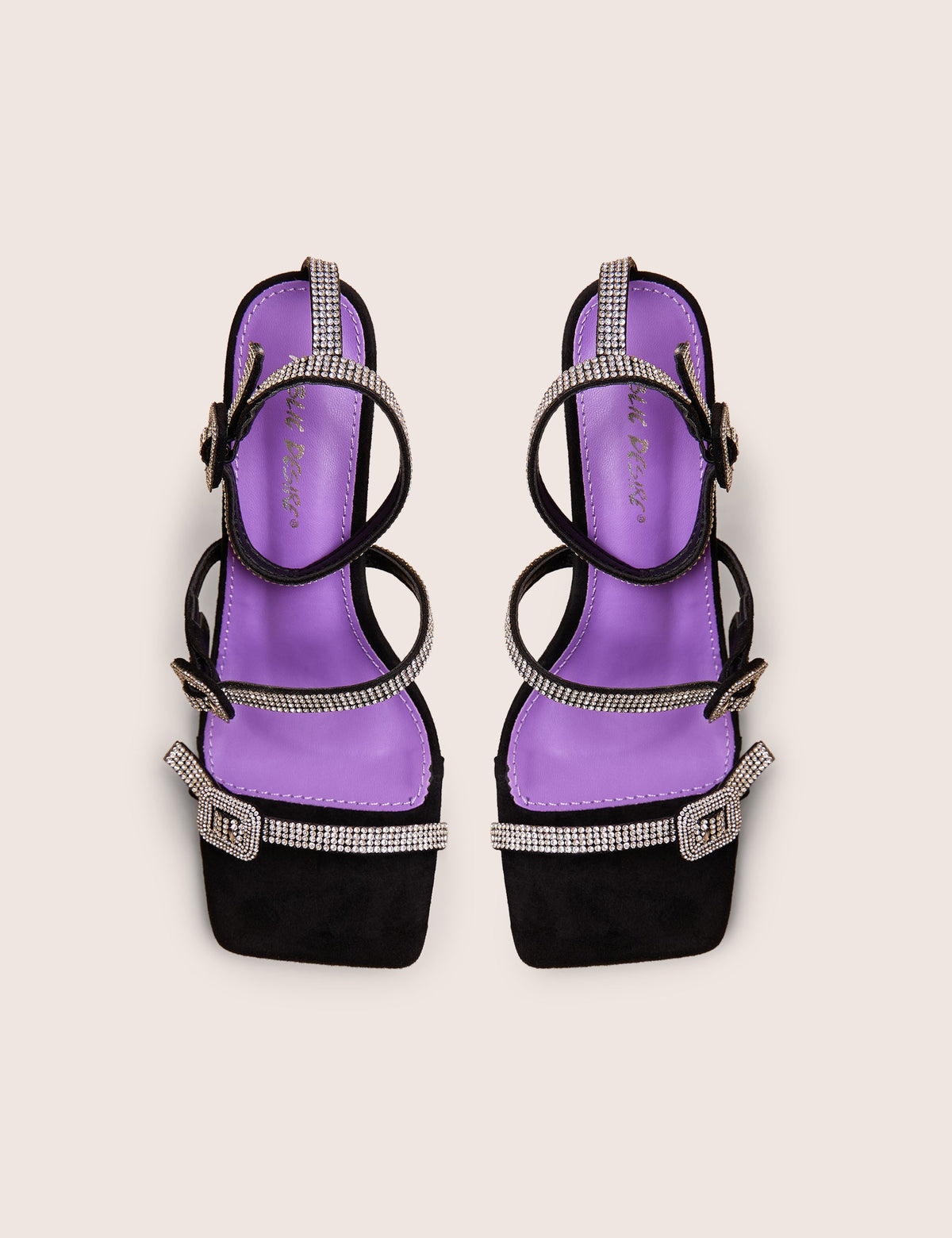 Spellbound Black Three Strap Diamante Buckle Heels