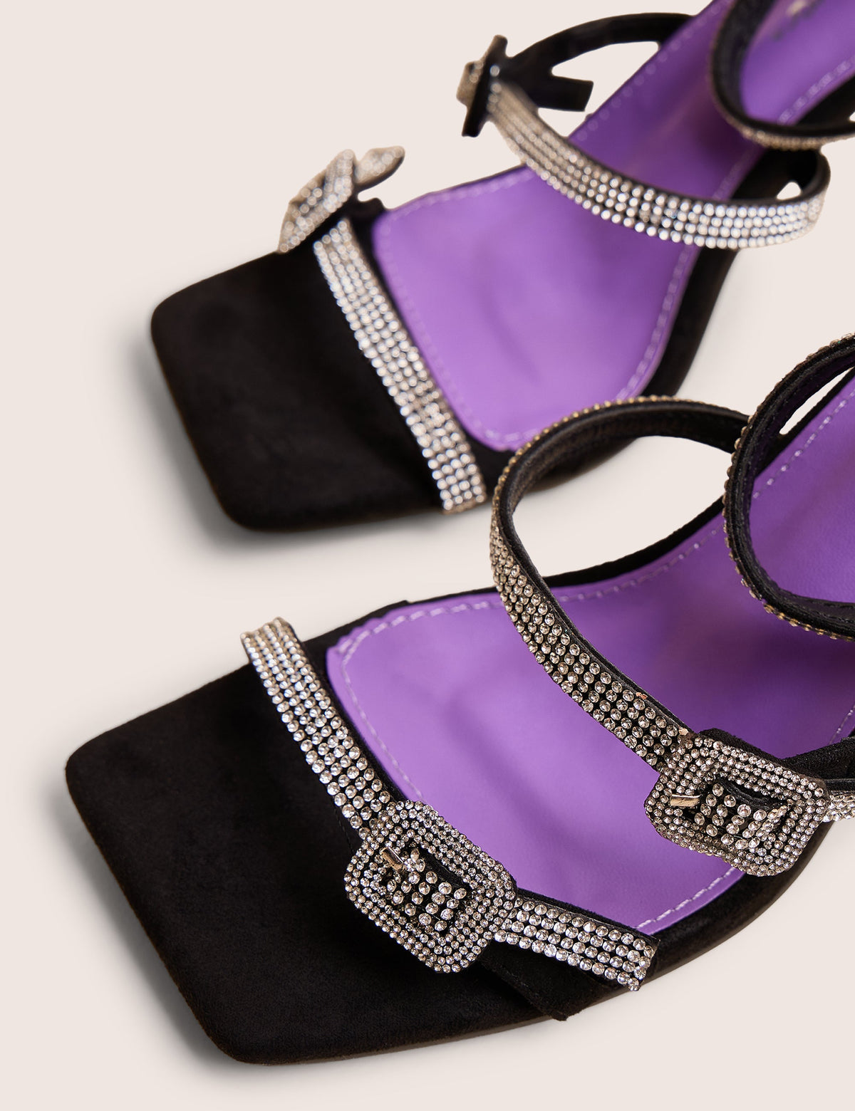 Spellbound Black Three Strap Diamante Buckle Heels