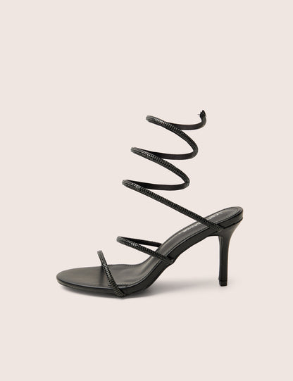 Spiral Black Diamante Wrap Around Ankle Mid Heels