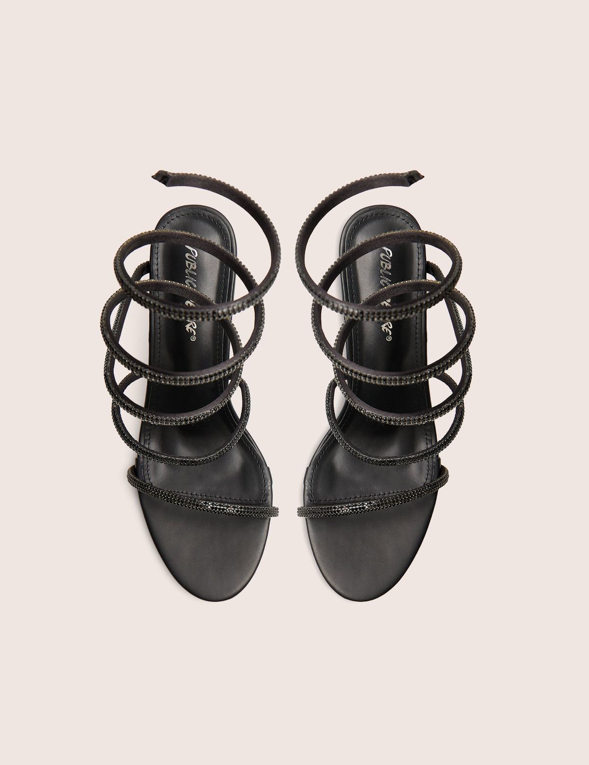 Spiral Black Diamante Wrap Around Ankle Mid Heels