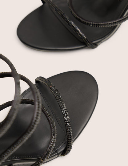 Spiral Black Diamante Wrap Around Ankle Mid Heels