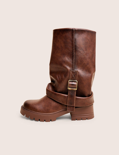 Terry Chocolate Brown Fold Over Buckle Detail Ankle Boots