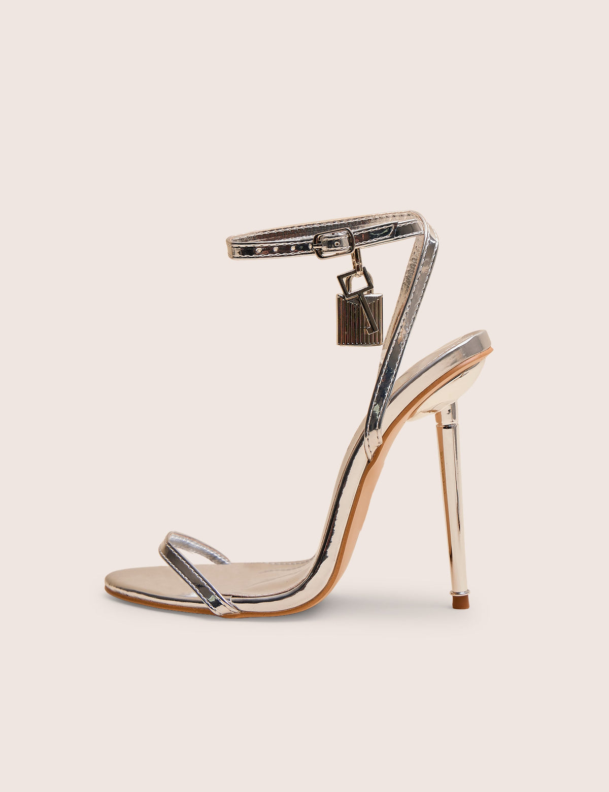 Ti Amo Silver Metallic Pu Padlock Detail Barely There Pointed Toe Stilettos Heels