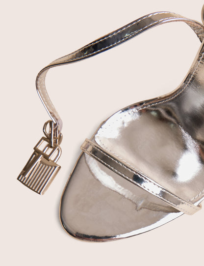 Ti Amo Silver Metallic Pu Padlock Detail Barely There Pointed Toe Stilettos Heels
