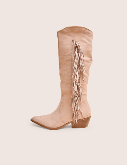 Tucker Beige Faux Suede Knee High Tassle Detail Western Boots