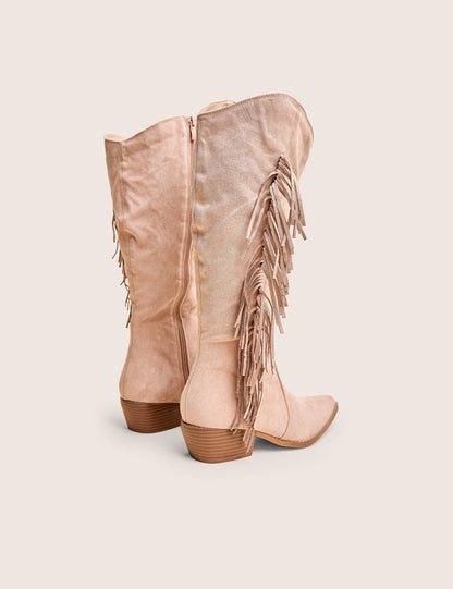 Tucker Beige Faux Suede Knee High Tassle Detail Western Boots