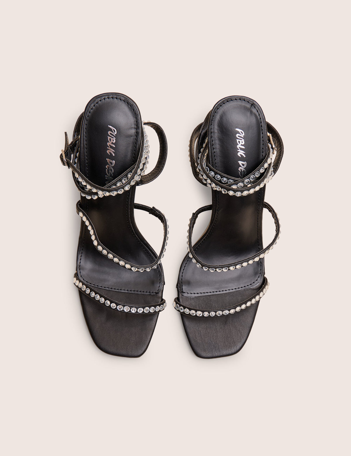 Ultra Chic Black Diamante Strappy Square Toe Slim Block Illusion Heel