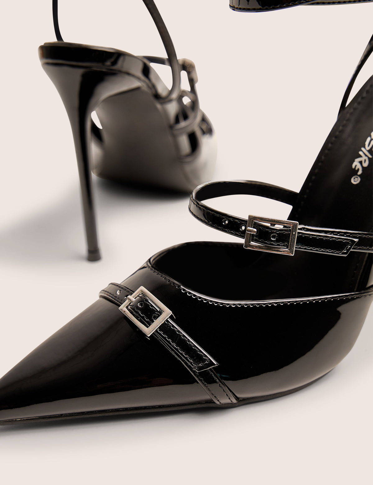 Viper Black Three Strap Buckle Detail Court Heels