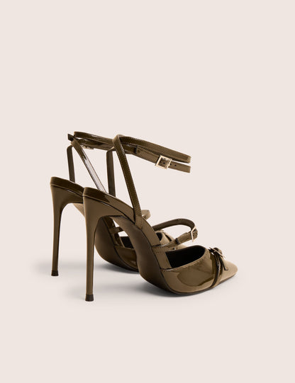 Viper Green Patent Three Strap Buckle Detail Court Heels