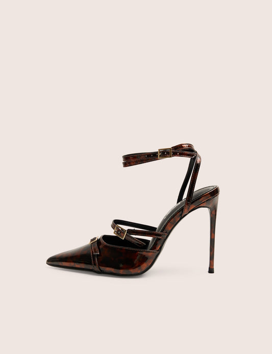 Viper Tortoise Print Three Strap Buckle Detail Court Heels