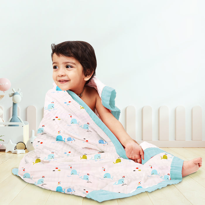 Baby Muslin 6 Layer Muslin blanket Cum Towel - 100X100 CM - (0-3 Years) Pack Of 1 Blue Whale