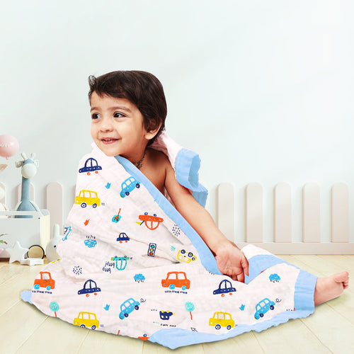 Baby Muslin 6 Layer Muslin blanket Cum Towel -100 x100 cm - 0-3 Years - Car