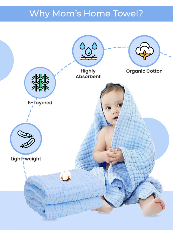 Baby Muslin 6 Layer Wash Towel- 100X100 CM - (0-3 Years)- White and Pack of 5 Napkins