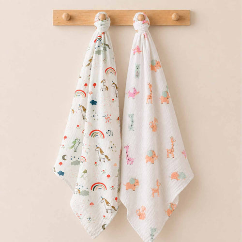 Baby Muslin Cloth Swaddle - 0-12 Months,  Pack of 2 ( Cute Jungle & Unicorn )