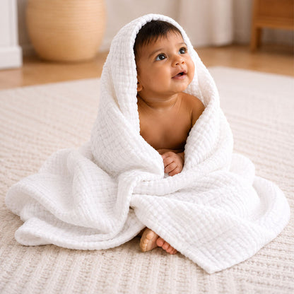 Baby Super Soft Absorbent Muslin 6 Layer wash Towel-100X100 CM | 0-3 Years | White