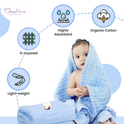 Baby Super Soft Absorbent Muslin 6 Layer wash Towel-100X100 CM | 0-3 Years | White