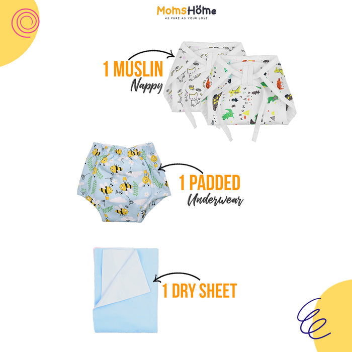 Baby Unisex Nappy Combo 1 Dry sheet, 2 Muslin Nappy, 1 Padded Underwear | 0-12 Months | Multicolor