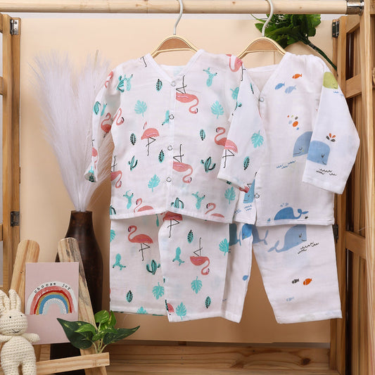 Baby Unisex Organic Cotton Muslin Full Sleeves Jhabla & Payjama | Blue Whale, Flamingo | Set of 2