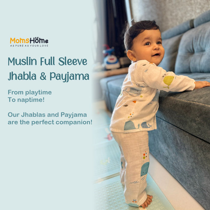 Baby Unisex Organic Cotton Muslin Full Sleeves Jhabla & Payjama | Blue Whale, Flamingo | Set of 2