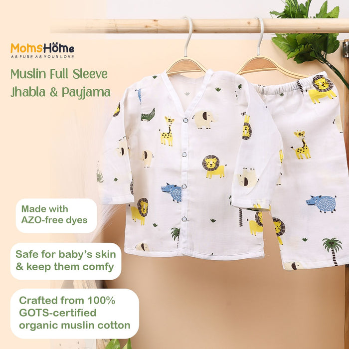 Baby Unisex Organic Cotton Muslin Full Sleeves Jhabla & Payjama | Blue Whale, Flamingo | Set of 2
