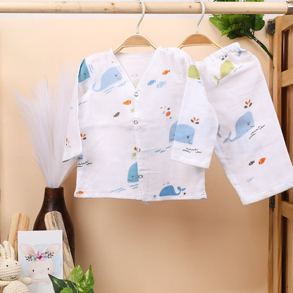 Baby Unisex Organic Cotton Muslin Full Sleeves Jhabla & Payjama | Blue Whale, Lion | Set of 2