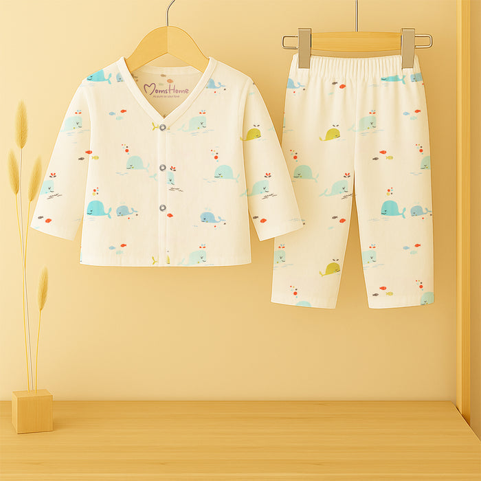 Baby Unisex Organic Cotton Muslin Full Sleeves Jhabla & Payjama | Blue Whale | Set of 1
