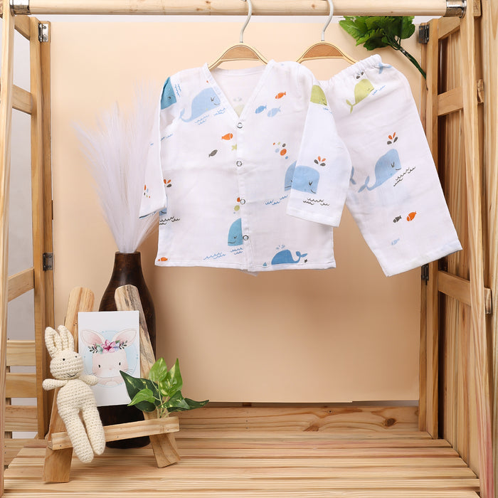 Baby Unisex Organic Cotton Muslin Full Sleeves Jhabla & Payjama | Blue Whale | Set of 1