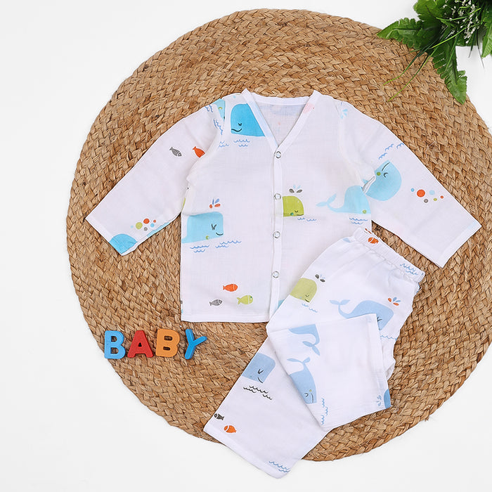 Baby Unisex Organic Cotton Muslin Full Sleeves Jhabla & Payjama | Blue Whale | Set of 1