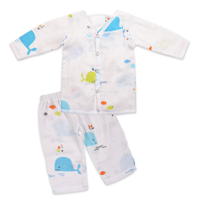 Baby Unisex Organic Cotton Muslin Full Sleeves Jhabla & Payjama | Blue Whale | Set of 1