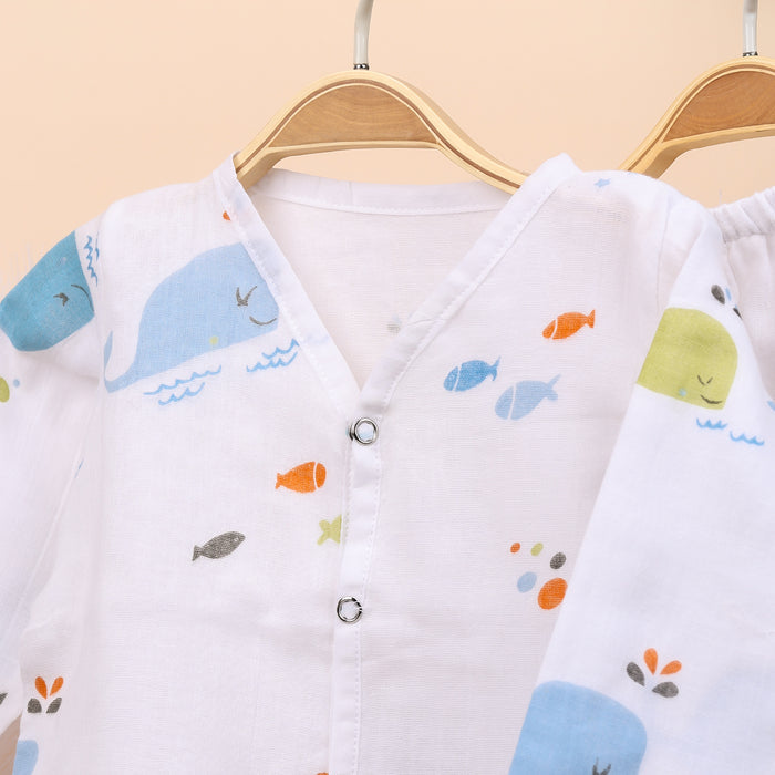 Baby Unisex Organic Cotton Muslin Full Sleeves Jhabla & Payjama | Blue Whale | Set of 1