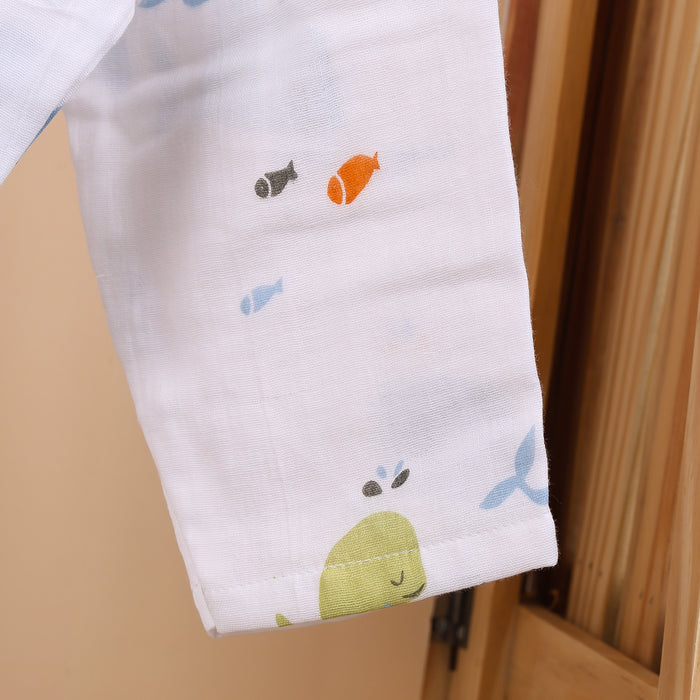 Baby Unisex Organic Cotton Muslin Full Sleeves Jhabla & Payjama | Blue Whale | Set of 1