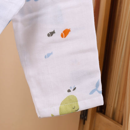 Baby Unisex Organic Cotton Muslin Full Sleeves Jhabla & Payjama | Blue Whale | Set of 1