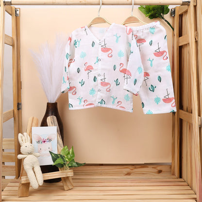 Baby Unisex Organic Cotton Muslin Full Sleeves Jhabla & Payjama | Flamingo | Set of 1