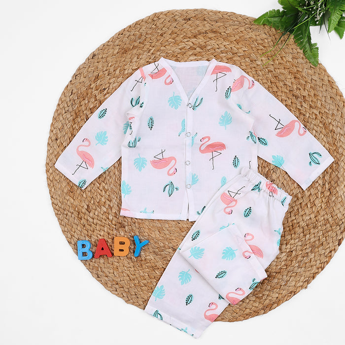 Baby Unisex Organic Cotton Muslin Full Sleeves Jhabla & Payjama | Flamingo | Set of 1