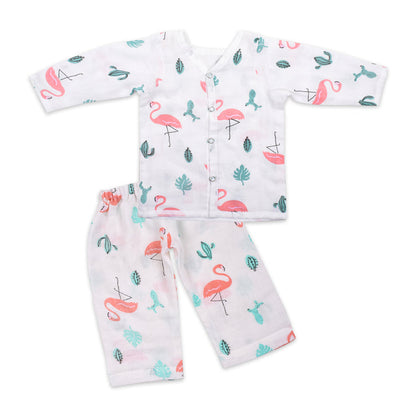 Baby Unisex Organic Cotton Muslin Full Sleeves Jhabla & Payjama | Flamingo | Set of 1