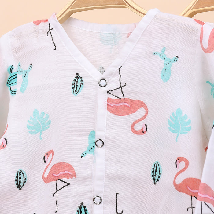 Baby Unisex Organic Cotton Muslin Full Sleeves Jhabla & Payjama | Flamingo | Set of 1