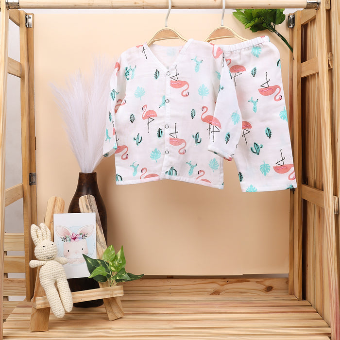 Baby Unisex Organic Cotton Muslin Full Sleeves Jhabla & Payjama | Lion, Flamingo | Set of 2