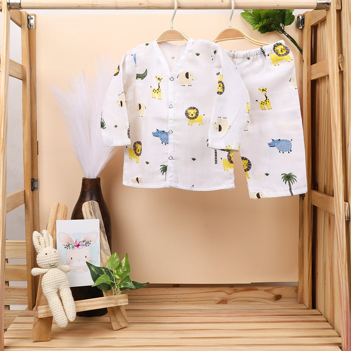 Baby Unisex Organic Cotton Muslin Full Sleeves Jhabla & Payjama | Lion, Flamingo | Set of 2