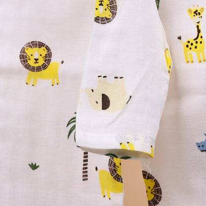 Baby Unisex Organic Cotton Muslin Full Sleeves Jhabla & Payjama | Lion, Flamingo | Set of 2