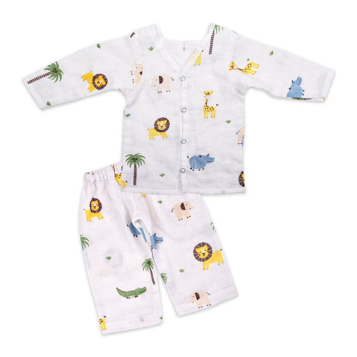 Baby Unisex Organic Cotton Muslin Full Sleeves Jhabla & Payjama | Lion | Set of 1
