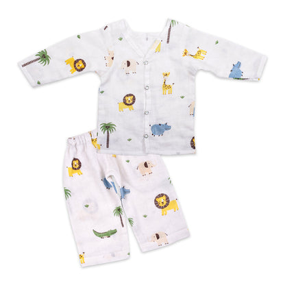 Baby Unisex Organic Cotton Muslin Full Sleeves Jhabla & Payjama | Lion | Set of 1
