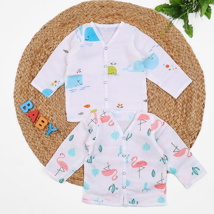 Baby Unisex Organic Cotton Muslin Full Sleeves Jhabla | Whale, Flamingo | Pack of 2