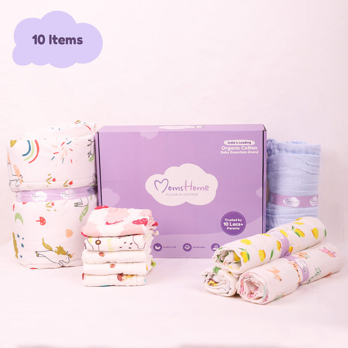 BABY UNISEX SUPERSOFT ORGANIC COTTON MUSLIN -10 PIECES GIFT SET